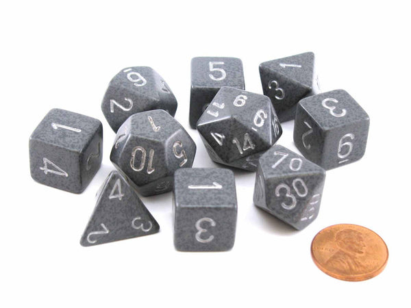 Koplow Games Hi Tech Gray Speckled Elemental Polyhedral Dice Set, 10 Piece RPG Dice Set in Tube, Gray Numbers, Includes D4 D6 D8 D10 D12 D20 and Percentile Die