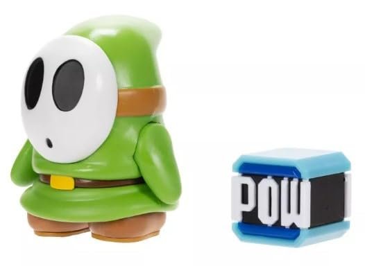 JAKKS Pacific Super Mario 4 Inch Green Shy Guy Action Figure with with POW Block, 11 Points of Articulation, Collectible Nintendo Toy, Ages 3+
