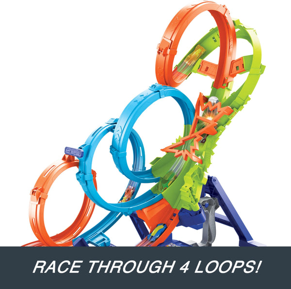 Hot Wheels Let's Race Action 4-Loop Crash-Out Track Set with Motorized Booster & 1:64 Scale Toy Car, Ages 5+