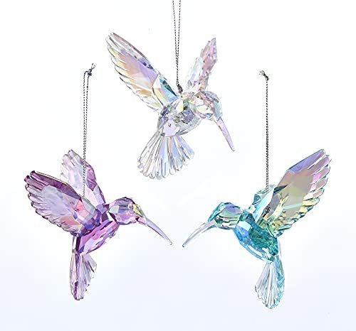 Kurt Adler T2031 3 Assorted Acrylic Iridescent Purple, Blue and Clear Hummingbird Christmas Ornaments