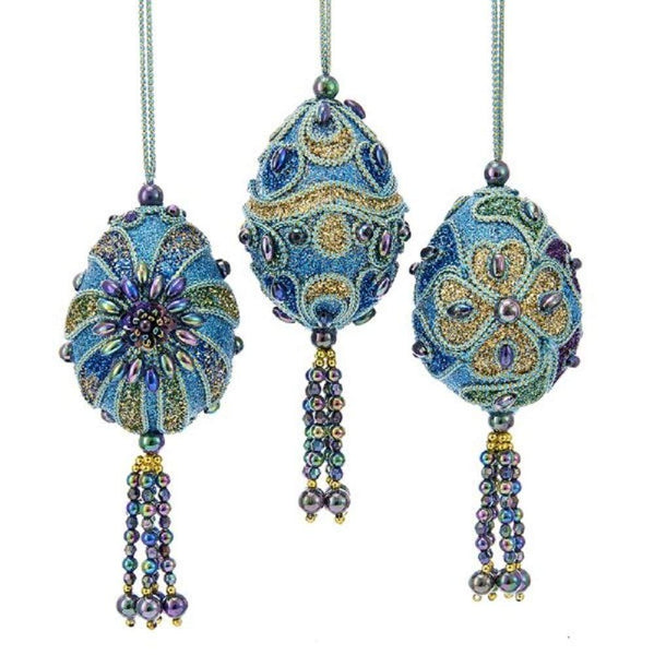 Kurt Adler Peacock Miniature Egg with Teal Cording, Iridescent Beads and Teal, Green, Blue & Lavender Glitter Ornament - 3 Assorted