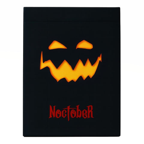 NOCtober Playing Cards - Halloween Neon Orange Deck that Glows Under Black Light - Cut-Out Jack-O’Lantern Tuck, Thin Crushed Finish, Poker Size Standard Index