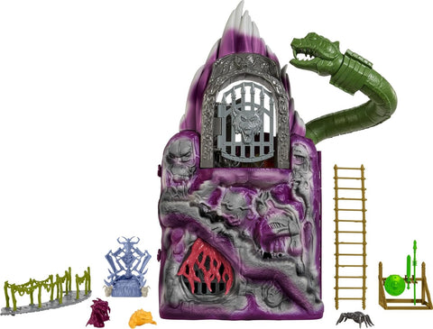 Masters of the Universe Origins Playset & 2 Action Fgures, Snake Mountain with Dungeon & Throne, Snake & Wolf Head