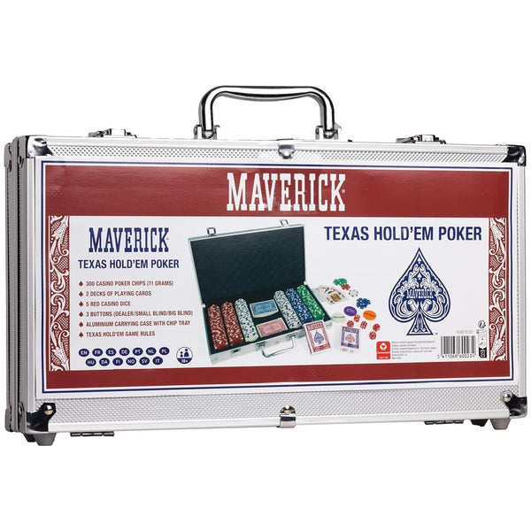 Maverick Texas Hold 'Em Poker Set with Aluminum Case, 300 11 Gram Casino Poker Chips, 2 Decks of Maverick Playing Cards, 5 Red Dice, and 3 Buttons Casino Game for Adults