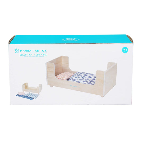 Manhattan Toy Sleep Tight Wooden Play Sleigh Bed with Pillow and Blanket for Dolls and Stuffed Animals