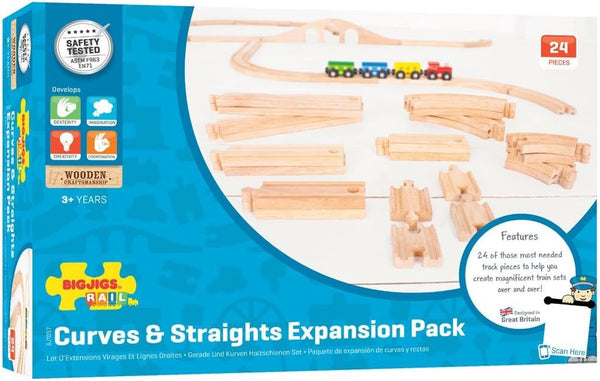 Bigjigs Rail Curves & Straights Expansion Pack - 24-Piece Wooden Train Track Set Compatible With Most Major Rail Brands | Extendable, Durable & Classic Wooden Rail Pieces - Ages 3+