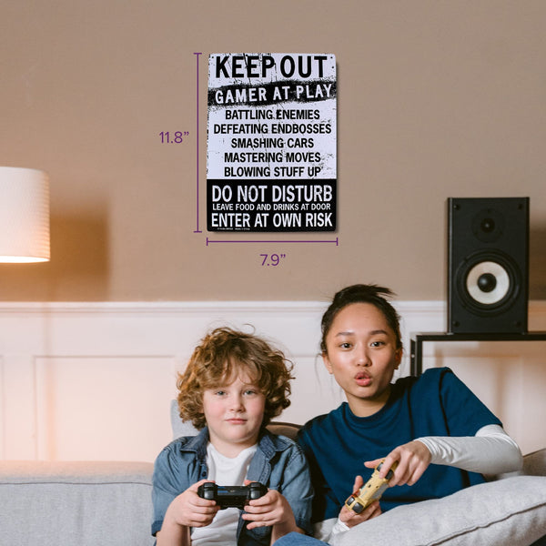 Keep Out Gamer At Play Metal Sign - Easy-to-Hang Wall Decor - Fun Tin Signs for Man Cave - Metal Dorm Room Decorations, Garage Signs, and Man Cave Signs