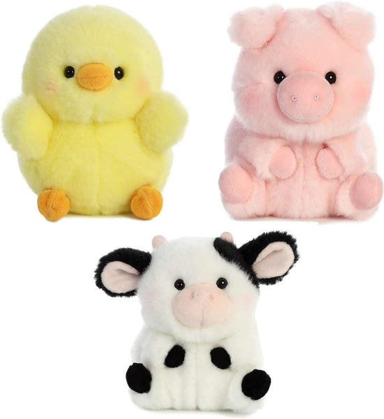 Aurora World Pig, Cow and Chicken Stuffed Animal Plush Toy | Farm Animals Theme | Bundle of 3 Rolly Pet Items, 5 inches Each