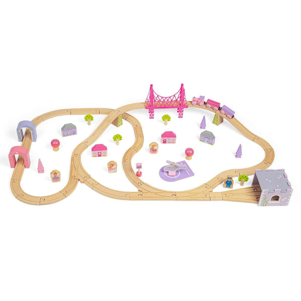 Bigjigs Rail Fairy Town Wooden Train Set – 75-Piece Pastel Wood Railway & Fairytale Village for Kids Age 3+ (Pink Accessories, Houses, Trees & Figures, Educational Gift)