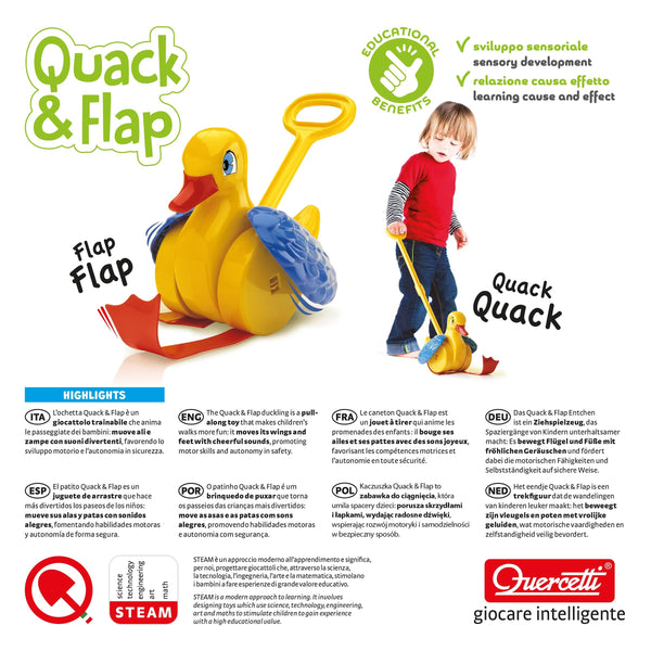 Quercetti Quack & Flap Duck Push Toy for Toddlers – Flapping Wings & Quack Sounds, Push-Along Walker Toy for First Steps, Ages 1-3, Durable Yellow Plastic