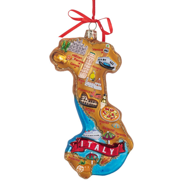 Kurt S. Adler 5.5-Inch Italy Map Glass Christmas Ornament with Red Ribbon