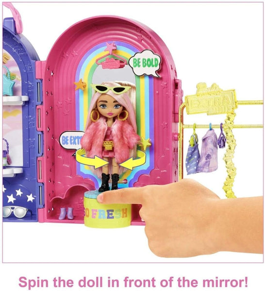 Barbie Extra Minis Doll and Fashion Playset with 15+ Pieces, Boutique with Small Doll, Clothes and Accessories