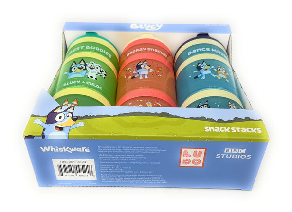 Whiskware Stackable Snack Containers for Kids & Toddlers – 3-Part Portable Snack Stacks with Bluey Design - School & Travel Friendly, BPA-Free Kid Lunch Organizer