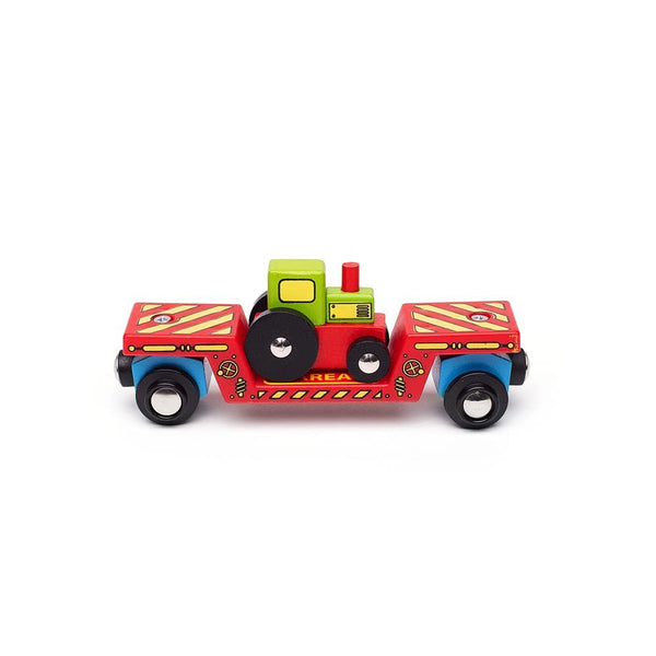Bigjigs Rail Wooden Tractor Low Loader Train Car - Magnetic Construction Toy, Compatible with Most Major Wooden Railway Brands, Includes Detachable Tractor & Track Piece, Ages 3+