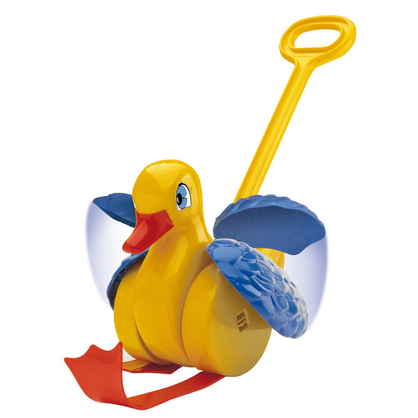 Quercetti Quack & Flap Duck Push Toy for Toddlers – Flapping Wings & Quack Sounds, Push-Along Walker Toy for First Steps, Ages 1-3, Durable Yellow Plastic