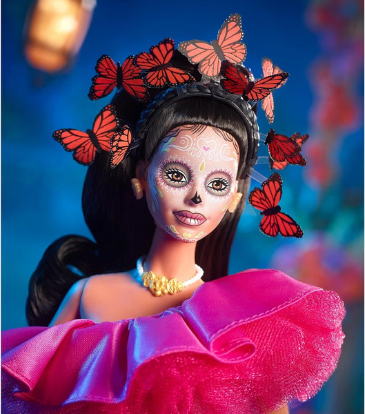 Barbie Signature Doll, 2023 Dia de Muertos Collectible Wearing Ruffled Pink Gown, Holding Tiny Ofrenda, Doll Stand