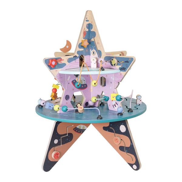 Manhattan Toy Celestial Star Explorer Double-Decker Wooden Activity Center with Shape Gliders, Spinners, Bead Runs and Alluring Artwork