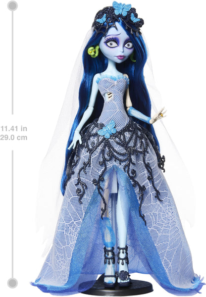 Monster High Skullector Doll, Corpse Bride Emily Collectible in Gothic Spiderweb Wedding Dress with Accessories Like Gauze Veil and Doll Stand