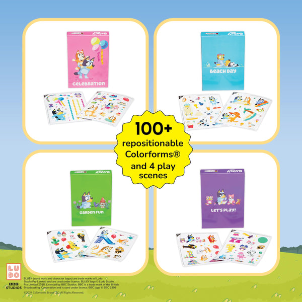 Colorforms Bluey Stickers Play Set Collection - Stickers for Kids, Bluey Toys, Toddler Sticker Book, 4 Play Scenes with Repositionable Stickers, Toddler Stickers, for Boys and Girls, Ages 3+