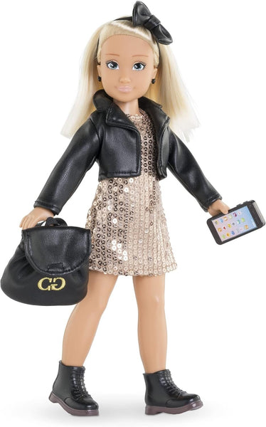 Corolle Girls Party Dressing Room Outfit Set for 11-Inch Fashion Dolls, 7-Piece Doll Clothes and Accessories, Gold Dress, Boots, Backpack, Ages 4+