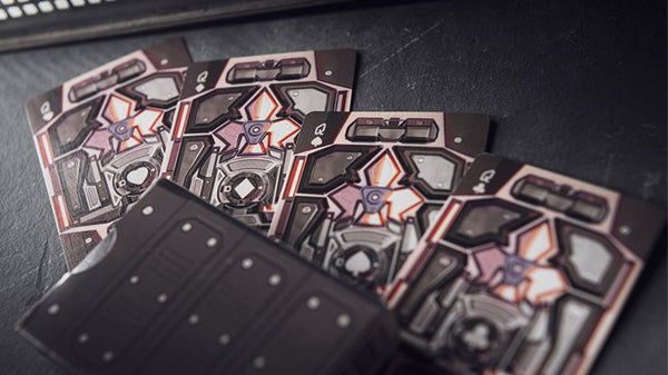 Bicycle Evolution 2.0 Playing Cards, Poker Size Custom Index, Cyber Metallic Red/White/Grey Back Design, Includes Gaff & Jokers, Premium USPCC Deck for Cardists, Magicians & Collectors