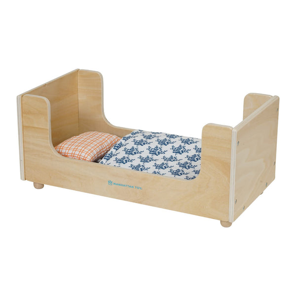 Manhattan Toy Sleep Tight Wooden Play Sleigh Bed with Pillow and Blanket for Dolls and Stuffed Animals