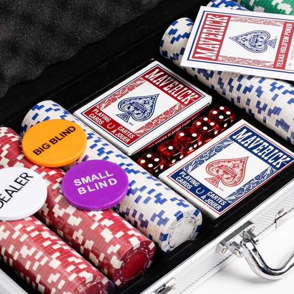 Maverick Texas Hold 'Em Poker Set with Aluminum Case, 300 11 Gram Casino Poker Chips, 2 Decks of Maverick Playing Cards, 5 Red Dice, and 3 Buttons Casino Game for Adults