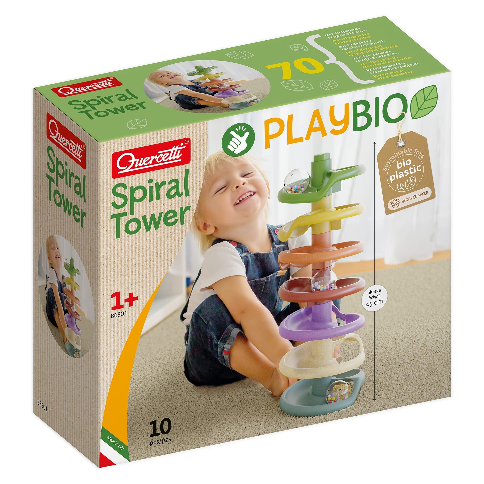 Quercetti - Spiral Tower PlayBio - Classic Ball Drop and Roll Toy Made with Eco-Friendly Bioplastic, for Kids Ages 1 Year +