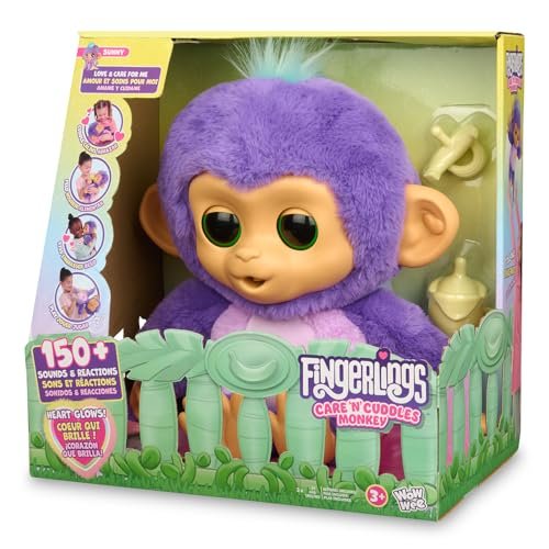Fingerlings Care ‘n’ Cuddles Interactive Baby Monkey, Sunny (Purple), 150+ Sounds and Reactions, Heart Lights Up, Toy for Ages 3+