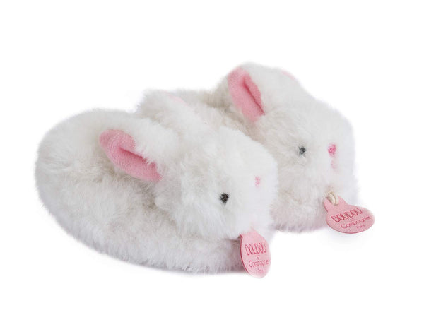 Doudou et Compagnie Pink Bunny Booties with Rattle – Baby Slippers Gift Set, Soft Bunny Design, 0-6 Months (DC1308)
