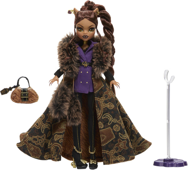 Monster High Doll, Clawdeen Wolf House of Wolf Collectible with Faux Fur Jacquard Coat, Purple Blazer Dress, Pantaboots and Golden Accessories