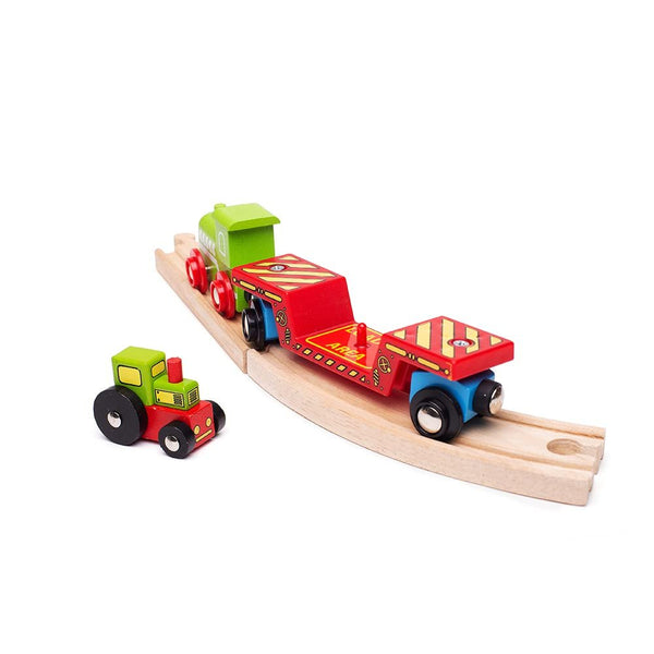 Bigjigs Rail Wooden Tractor Low Loader Train Car - Magnetic Construction Toy, Compatible with Most Major Wooden Railway Brands, Includes Detachable Tractor & Track Piece, Ages 3+