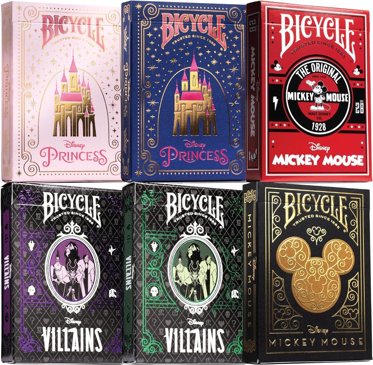 Bicycle Disney Playing Cards Collector’s Bundle - 6 Deck Set: Black & Gold Mickey, Classic Mickey, Disney Princess Pink & Navy, Villains Green & Purple - Premium Quality Poker-Size Decks