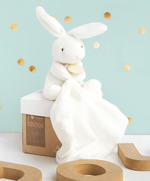 Doudou et Compagnie Bunny Comfort Blanket with Flower Gift Box, White Bunny Security Blanket Plush, 10 cm / 3.9 in, Soft Baby Lovey for Newborns