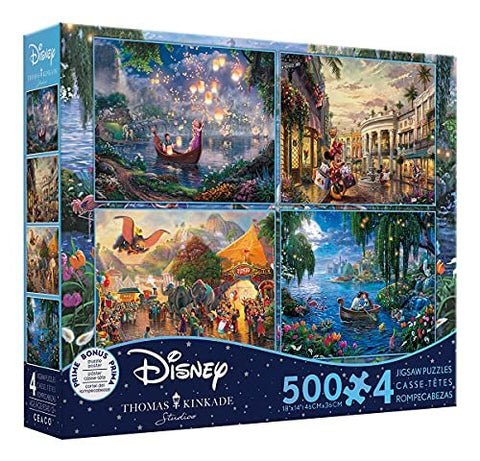 Ceaco - 4 in 1 Multipack - Thomas Kinkade - Disney Dreams Collection - Tangled, Mickey and Minnie Mouse, Dumbo, & The Little Mermaid - (4) 500 Piece Jigsaw Puzzles , Blue