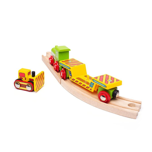 Bigjigs Rail Wooden Bulldozer Low Loader Train Car - Magnetic Construction Toy, Compatible with Most Major Wooden Railway Brands, Includes Detachable Bulldozer & Track Piece, Ages 3+