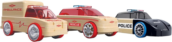 Automoblox Collectible Wood Toy Cars and Trucks - Mini Rescue 3-Pack - Wooden Mix-and-Match Vehicles Build and Rebuild (Compatible with other Mini and Micro Series Vehicles)