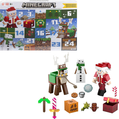 Mattel Minecraft Advent Calendar, 3 3.25-in Scale Action Figures including Santa, 17 Accessories & 4 Stickers, Pixelated Design