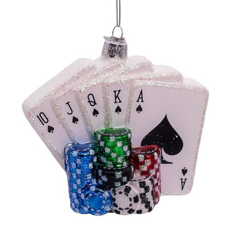 Kurt S. Adler Noble Gems Glass Poker Cards & Chips Ornament – Hand-Blown Glass Casino Theme Christmas Tree Decoration, Playing Cards & Poker Chips, 4.375" (NBX0121)