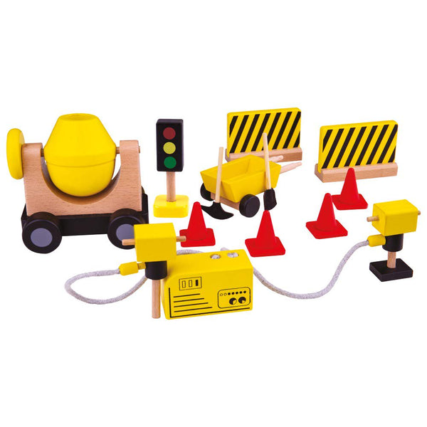 Tidlo Wooden Construction Playset - 13-Piece Building Site Set with Cement Mixer