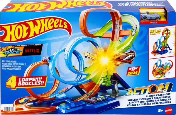 Hot Wheels Let's Race Action 4-Loop Crash-Out Track Set with Motorized Booster & 1:64 Scale Toy Car, Ages 5+