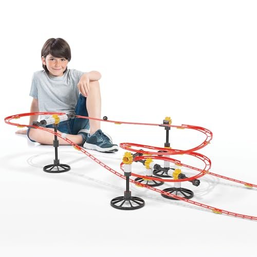 Quercetti Roller Coaster mini rail Set -150pc, 8 meters, Kids ages 6-12, Building Blocks for Marbles Game Maze Tracks , Red