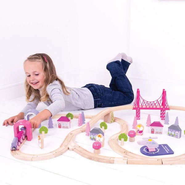 Bigjigs Rail Fairy Town Wooden Train Set – 75-Piece Pastel Wood Railway & Fairytale Village for Kids Age 3+ (Pink Accessories, Houses, Trees & Figures, Educational Gift)