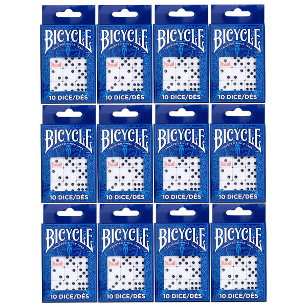 Bicycle Standard Dice 120-Pack (Twelve 10-Packs) – Bulk 16 mm White & Black Six-Sided D6 Dice for Classrooms, Events, Clubs & Board Games