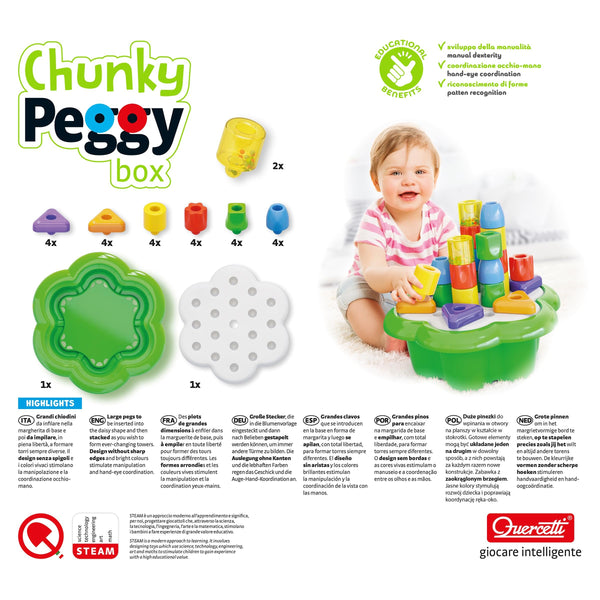 Quercetti Chunky Peggy 28-Piece Peg Blocks Stacking Toy – Jumbo Shape Sorting & Stacking Set for Babies & Toddlers 1+ with Built-in Daisy Basket Storage & 2 Rattles