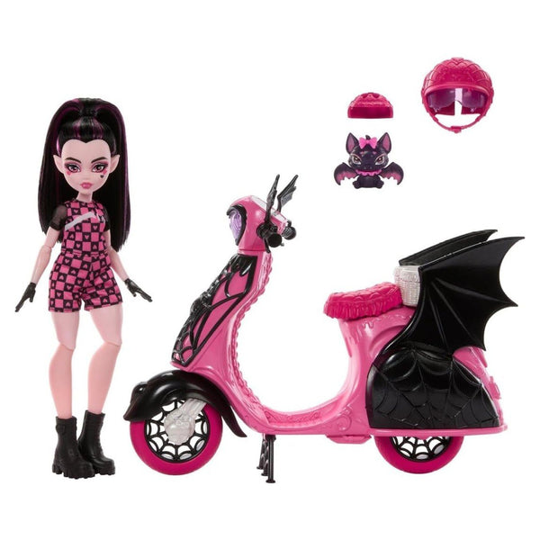 Monster High Draculaura Vamptastic Scooter Doll & Vehicle Playset - 10.5" Fashion Doll with Matching Helmets, Rolling Scooter with Kickstand & Basket, Includes Count Fabulous Pet Bat, Ages 4+