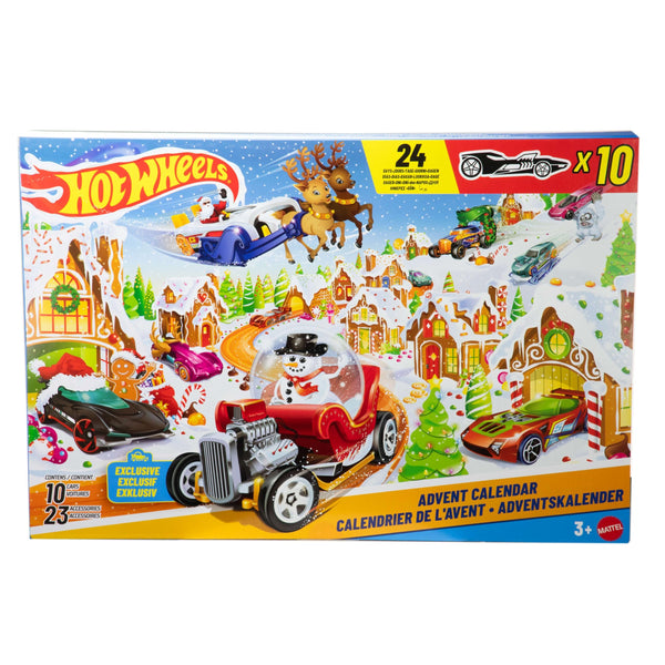 Hot Wheels Toy Cars & Playset, 2025 Advent Calendar with 10 Vehicles in 1:64 Scale, 10 Ornament Clips & 14 Winter-Themed Accessories