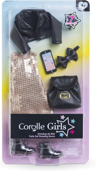 Corolle Girls Party Dressing Room Outfit Set for 11-Inch Fashion Dolls, 7-Piece Doll Clothes and Accessories, Gold Dress, Boots, Backpack, Ages 4+