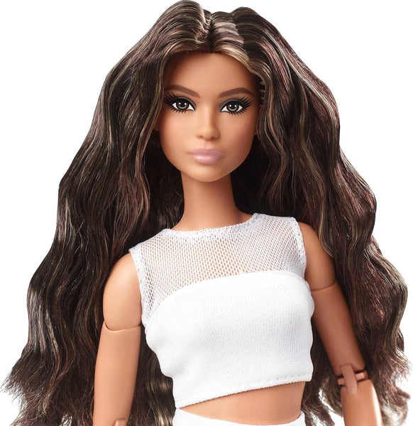 Barbie Signature Looks Doll (Brunette Wavy Hair) Fully Posable Fashion Doll Wearing White Skirt for Collectors