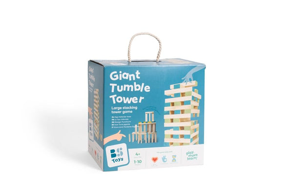 BS Toys Large Tower Wooden Block Stacking Game - Giant Paulownia Wood Blocks, Natural/Blue/Green, 60 Blocks + Color-Coded Die & Cotton Bag, Ages 4+ (GA277)